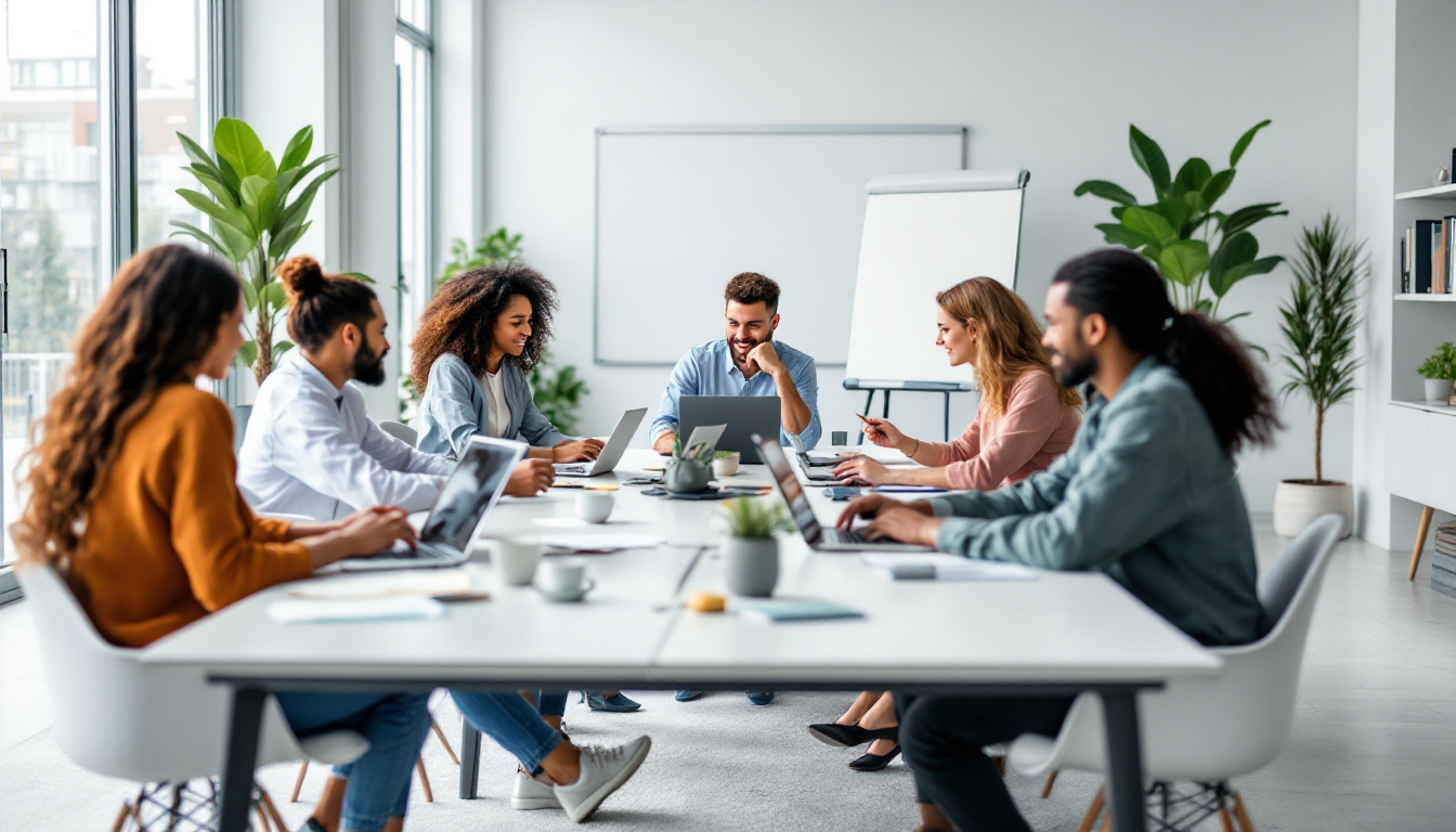현대적인 사무실에서 다양한 인종의 팀원이 노트북과 태블릿으로 협업하는 모습