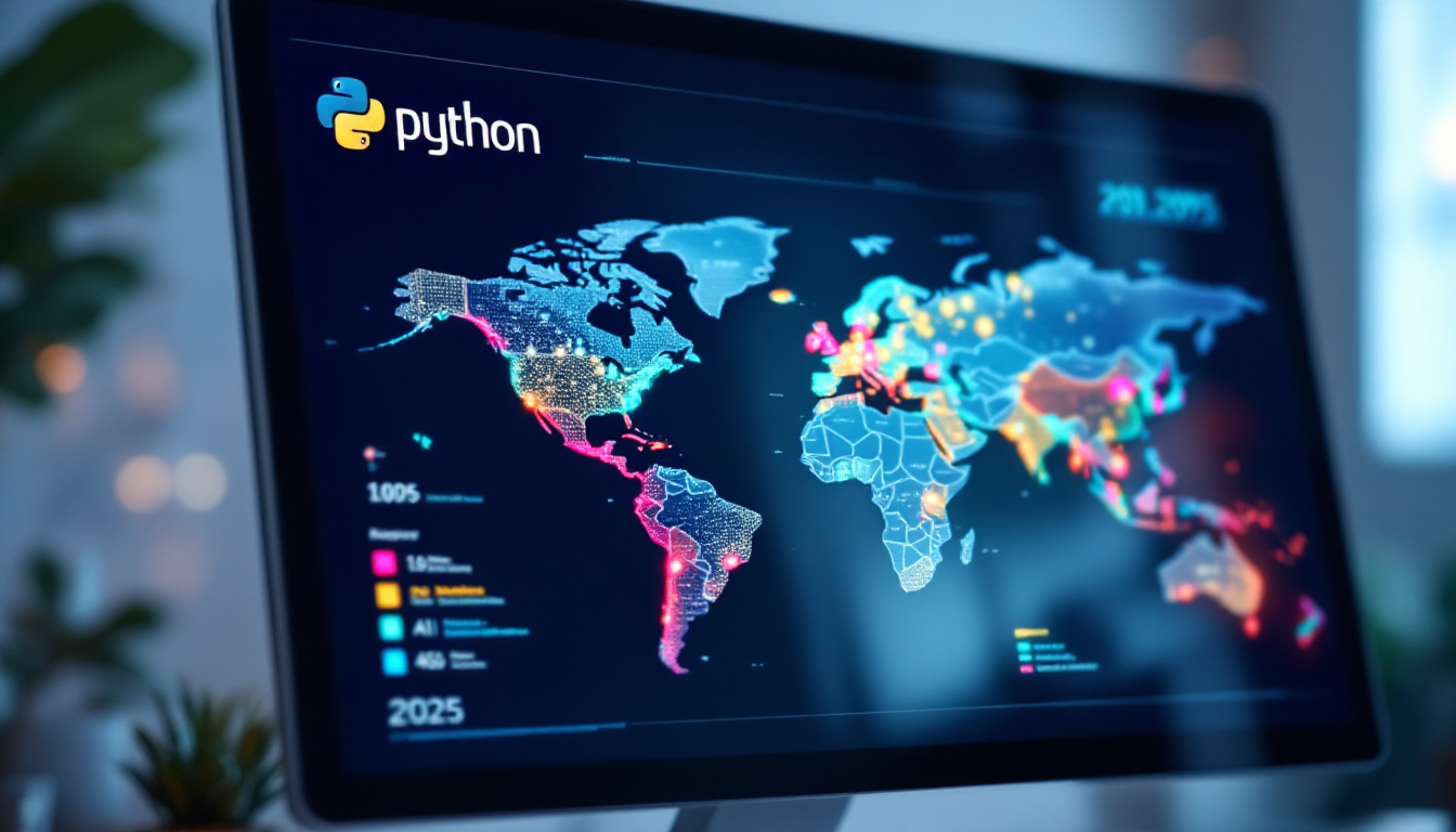 2025년 AI와 파이썬의 글로벌 트렌드를 보여주는 컴퓨터 화면 이미지
