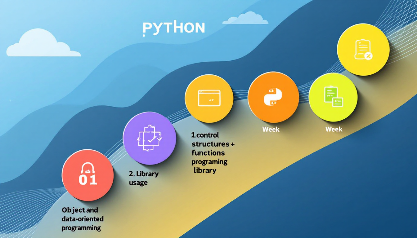 6단계로 구성된 파이썬 학습 로드맵을 보여주는 시각적 일러스트 이미지