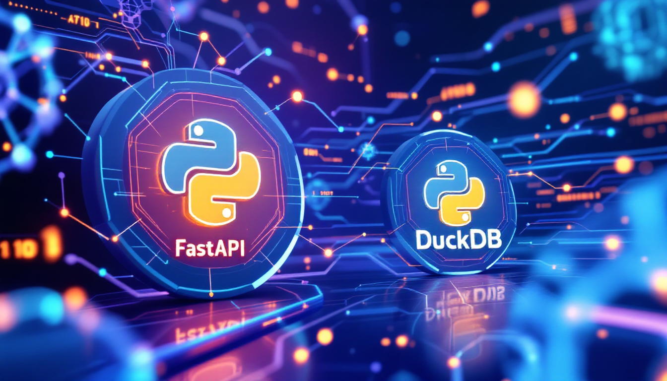2025년 주목받는 파이썬 라이브러리 FastAPI와 DuckDB를 상징하는 미래지향적 이미지