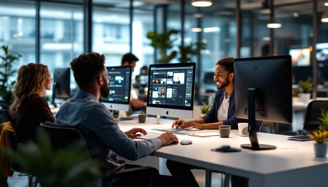 현대 사무실에서 창의적인 콘텐츠 계획을 논의하는 전문 블로그 콘텐츠 제작 팀의 고화질 실사 사진